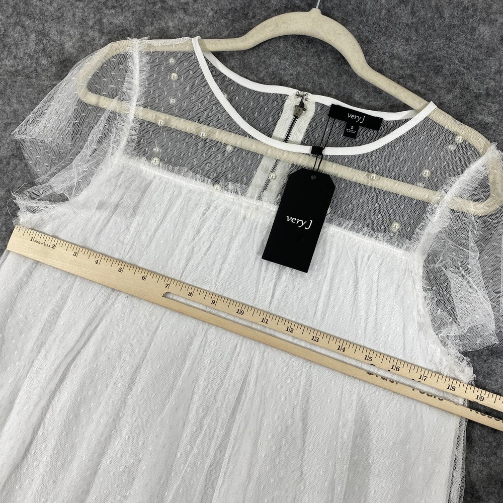 NWT Very J Dress Small White Embellished Mesh Babydoll Mini Short Sleeve A-Line - Picture 9 of 10